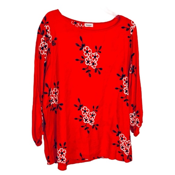 Anthropologie Kindred Red Embroidered floral peasant Top Size 1-2X plus boho - Picture 1 of 7